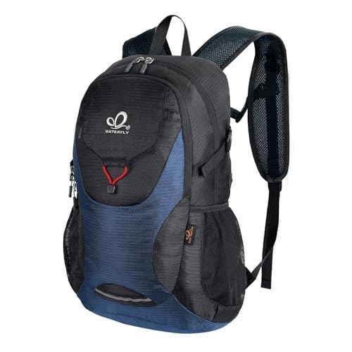 WATERFLY Faltbarer Rucksack Wanderrucksack 30L: Leicht Tagesrucksack mit Nassfach Ultraleicht Faltrucksack Trekkingrucksack Klapprucksack für Herren Damen Outdoor Wandern Reisen Daypack (Blau Schwarz)