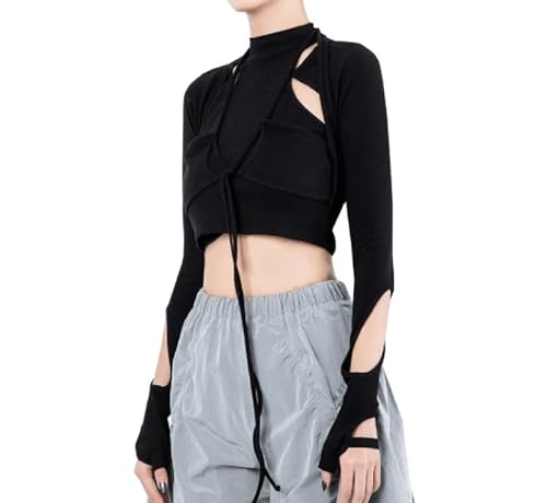 Gothic Hollow T-Shirt 2 Stück Crop Top Sommer Schwarz Punk Bandage Quaste Top High Street Party Top Baumwolle Tees Weiblich,schwarz,S