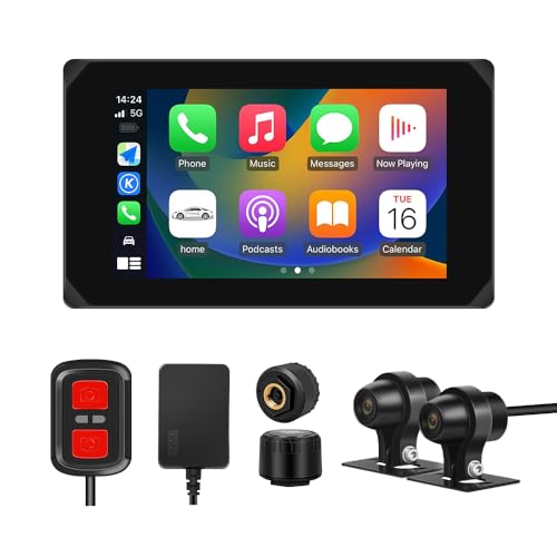 VSYSTO Motorrad Dashcam 5,0 Zoll Wasserdichter Touchscreen Car Play Android Auto GPS Navigation Mit Zwei Vorderen Hinteren 1080P Starlight Night Vision Kameras Und TPMS(CS5)