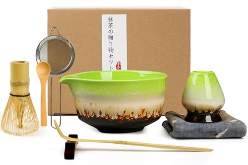 Matcha Set, Matcha Tee Set, Matcha-Rührer, Matcha Besen Set mit Schneebesen, Japanisches Tee-Set (8-teilig), Keramik Matcha Kit Enthält Matcha-Schale, Matcha-Löffel, Sieb, Edelstahl-Sieb, Chashaku