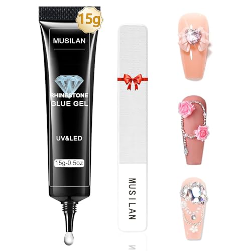 MUSILAN Nail Art Strass kleber Gel für Nägel, 15g - Professioneller Nagel Strass Kleber für Nagelspitzen Edelsteine Strasssteine Kristallsteine Diamante Schmuck UV Gel kleber für Anfänger und Salons
