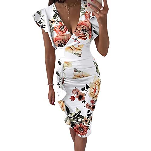 Briskorry V-Ausschnitt Blumen Etuikleider Knielang Business Kleider Damen Sommer Elegante Bustier Festkleider Sexy Rüschensaum Gerafftes Ärmelloses Enges Kleid Partykleid Vintage Dress