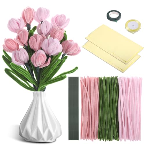 Starvortex 320stk Pfeifenputzer zum Basteln Blumen, Rosa Tulpen Pfeifenreiniger Bastelset mit Floristenkrepp, 30cm Flexibel Verdickt Chenilledraht, Pipe Cleaner Bastelset für DIY Dekorieren
