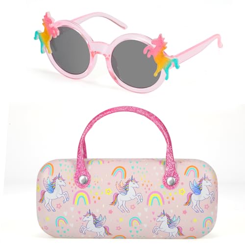 Hifot Kinder Einhorn Brillenetui Hardcase mit Sonnenbrille, Süße Unicorn Dekoration Sonnenbrille Polycarbonat Kinder Brille, Brillenetui mit Griffen für Kinder Mädchen Junge