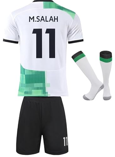 Hawkara Mo Salah #11 Auswärts Fußball Kinder Trikot 2023/2024 Auflage Shorts Socken Set Jugendgrößen (Weiß/Grün,24)