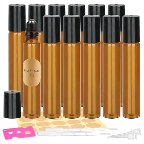 Roll on Glasflaschen für Ätherisches Öl, Roll on Flasche Leer mit Edelstahl-Ball, Braune Rollon Flaschen mit Öffner,Tropfer, Strohhalm, Etiketten für Ätherische Öle, Parfüm, Massage (10ml-12Stück)