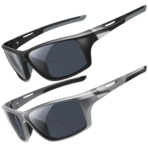 Amorays Bifokale Sonnenbrille mit Sehstärke Herren Wrap Around Sportlich Sonnenbrillen Leser Outdoor Clear Top Soft Nose Pads PC Frame UV400 8020（Schwarz&Grau，+1.50）