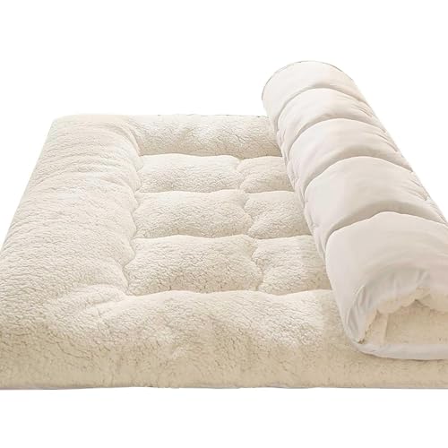 Skin Friendly Sherpa Fleece Japanese Floor Mattress Reversible Futon Mattress, Thick Fluffy Plush Reversible Shaggy Mattress for Guest, Cozy Sherpa Folding Roll Up Mattress (Color : Weiss, Size : Qu