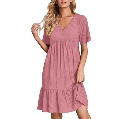 Sommerkleid Damen Midi A Linie - Festliche Strandkleid Damen Knielang Boho Freizeitkleid Kurzarm V-Ausschnitt Rüschenkleid Elegant Einfarbig Party Cocktailkleid Hohe Taille Casual Kleider