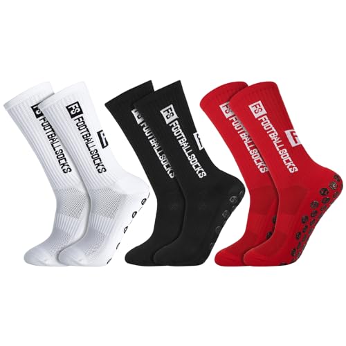 Apricitie 3 Paar Fußball Socken, 39-46 Anti Rutsch Grip Fußball Socken Rutschfeste Socken Fußball Sportsocken Trainingssocke Fußballsocken für Herren Damen(one_size schwarz+weiß+rot)