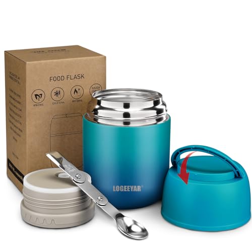 Itslife Thermobehälter für Essen 500ml Thermobehälter Edelstahl Warmhaltebehälter mit faltbaren Löffel, Thermo Lunchbox für Heißfutter Kinder Erwachsene für die Schule, Büro (Blau-Grün)