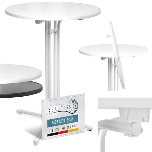 Beautissu Stehtisch klappbar 70 cm Weiß Bellini – Kratzfest Stabil Wetterbeständig – Stehtische Outdoor Bistrotisch Rund leichte Montage Halterung vormontiert – Biertisch Partytisch Klappbar Bartisch