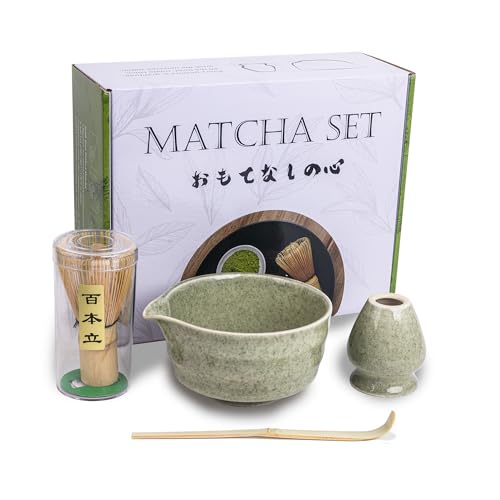 We Make Hope Matcha Whisk Set, 4 Stück Matcha-Schale mit Ausgießer und Schneebesen, Matcha-Schaufel, Matcha-Schneebesen-Ständer (Chasen-Halter) - 4er-Set für die Matcha-Teezeremonie, klassisches Grün