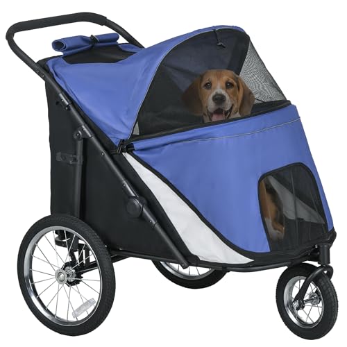 PawHut Hundewagen Hundebuggy mit Netzfenstern, Klappbarer Katzenwagen mit Sicherheitsleine, große Gummiräder für Mittelgroße, Große Hunde bis 30 kg, Oxford, Blau