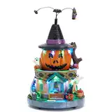 VALERY MADELYN Halloween Deko Figur, 20.5cm Neuheit Harz Kürbis Spukhaus mit LED Licht und Halloween Horror Musik, obere Hexe und Fledermaus drehbar