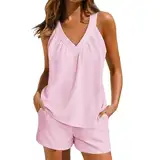 Kurzer Schlafanzug Damen Zweiteiler Elegant Einfarbige Hosenanzug 2 Teilig V-Ausschnitt Cami Top und Shorts Sommer Ärmellose Freizeitanzug Musselin Hosenanzüge Set Bequem Loungewear Set
