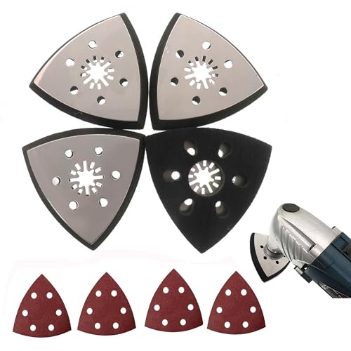 4 Stück Dreieck Schleifteller, Fein Multimaster Zubehör, Fein Schleifplatte, Starlock Schleifplatte, Multitool Schleifplatte 93mm mit 24 x Schleifpapier Dreieckschleifer für Holz Metall Entrosten Putz