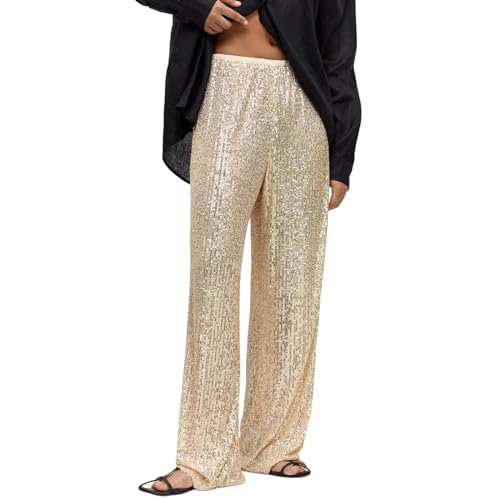 Generisch 2025 - Damen-Paillettenhose, glänzende Pailletten, hohe Taille, weites Bein, Schlaghose, Schlaghose, Nachtclub-Kleidung Hose Mit Seitlichen Streifen Damen (Gold, S)