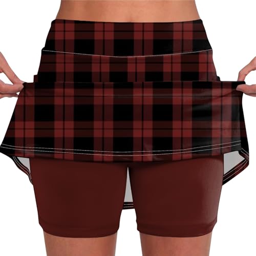 Tennisrock Damen 2 In 1 Hosenrock Sportrock Hohe Taille Outdoorrock Yoga Rock Mit Hose Drunter Minirock Schwarzer Laufrock Sommerrock Für Fitness Workout Running Skorts Rot XXL