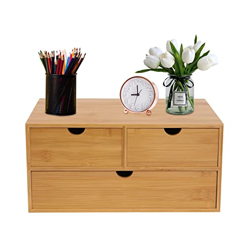 Qussse Bambus Schreibtisch Organizer mit Schubladen Schubladenbox Bambus Mini Kommode, einteiliges Design, Regalkasten Schminkkasten mit 3 Schubladen für Büro Wohnzimmer und Schlafzimmer