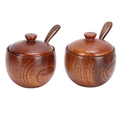 Haofy Holz Salzdosen Set, 2 Satz Gewürzbehälter mit Deckel und Löffel, Gewürztöpfe Im Japanischen Stil für Salz Pfeffer Zucker Chili Pulver