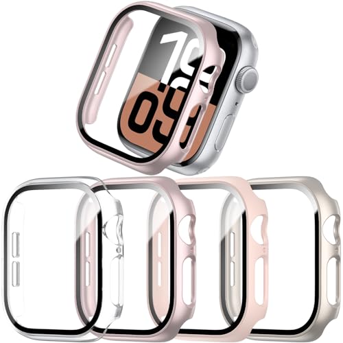 JZK 4-Stück Schutzhülle für Apple Watch Series 10 42mm 2024, Hart PC Ultradünne Gehäuse Hülle Eingebaut Kratzfest Gehärtetes Glas Schutzfolie für iWatch 10 42mm