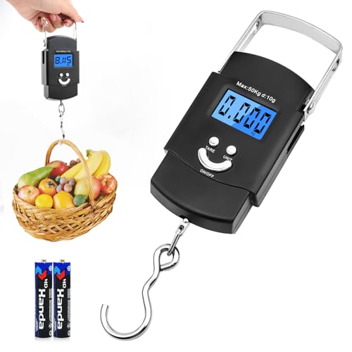 VFANDV Digitale Kofferwaage, 110 lb/50 kg Gepäckwaage mit Haken Elektronische Digital Fischwaagen Handwaage mit LCD Display Tragbare Hängewaage Elektronische für Reisen Freien