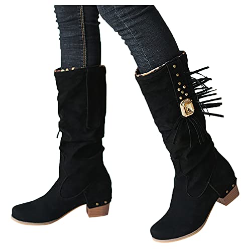 Stiefel Damen, Overknees Stiefel Damen mit Absatz Blockabsatz Nieten Lange Cowboystiefel Elegant Kniehoch Langschaft Hohe Stiefel Cowboy Boots Lang Stiefeletten Winterschuhe Damenstiefel