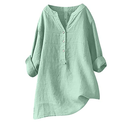 Damen Leinenbluse, Leinenbluse, Damen Sommer Button-Down Bluse Übergröße Musselin Bluse Damen Leinenbluse Schlichtes Große Größen Langes Shirt Atmungsaktive Tops Leinen Shirt