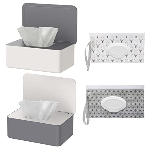 2 Stück Feuchttücher Box und 2 Stück Feuchttücher Tasche Set, Baby Feuchttücherbox, Feuchte Toilettenpapier Box, Taschentuch Aufbewahrungsbox, Feuchttücher Spender, Serviettenbox Mit Deckel