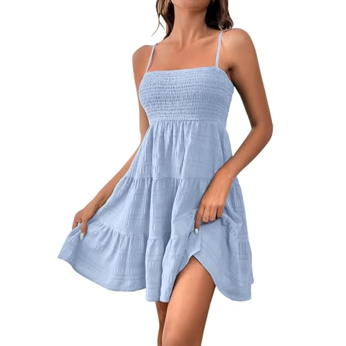 YEBIRAL Sommerkleid Damen Kuerz Sexy Spaghettiträger Freizeitkleid Sommer Leichte Strandkleid Lässig Ärmellos Minikleid Hohe Taille Mini Dress A-Linie Kleid Einfarbig Swing Kleider