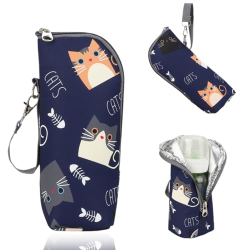 BECHS 1 Stück Lsoliertasche Babyflasche,Babyflaschen Wärmer,Baby Flaschen Thermotaschen,Baby Milchflaschen Wärmer,Tragbare Babyflaschentasche,Für Kinderwagenreisen Im Freien,Kätzchen