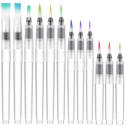 12 Stück Wasserpinsel Stifte Pinsel mit Wassertank Wassertankpinsel mit Befüllbarer Wassertank Watercolor Brush Pen für Aquarellmalerei Kalligraphie Farbe Ausfüllen