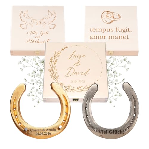 Hochzeitsgeschenk | Hufeisen mit Geschenkbox inkl. Personalisierung | Glückshufeisen mit Gravur | Personalisiertes Geschenk zur Hochzeit | Glücksbringer Brautpaar | Geschenk Namen