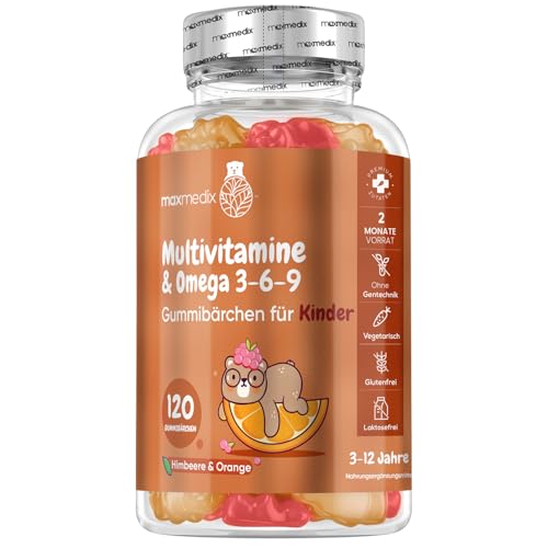 Multivitamin Gummibärchen für Kinder - Mit Omega 3 6 9, Vitamin C- 120 Multivitamin Kinder Gummies - Vitamin D3, B7, B12, E, Jod, Zink - Mit Himbeer & Orangengeschmack - maxmedix