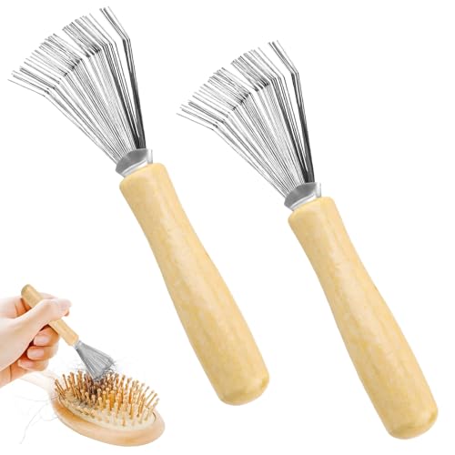 2 Stück Bürstenreiniger Kamm Reinigungsbürste Werkzeug mit Holzgriff,Haarbürsten Reinigungswerkzeug,zum Entfernen Haaren von Bürsten Kämmen Badematten Teppichen