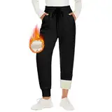 CAMPSNAIL Warme Jogginghose Damen Gefütterte mit 2 Taschen Kordelzug Winter Fleece High Waist Lange Sportleggins Trainingshose Freizeithose Sweathose Schwarz,M