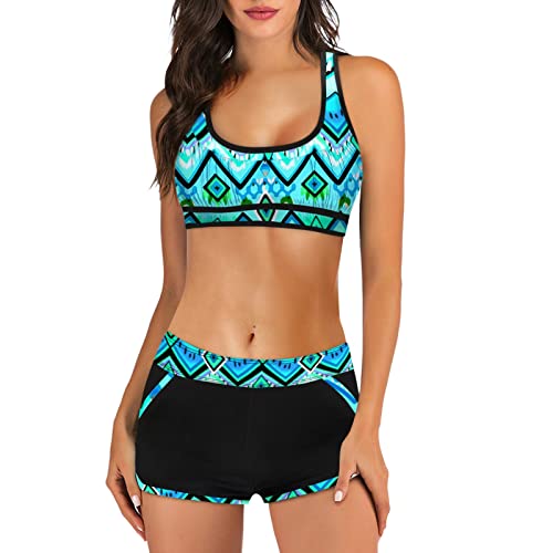 Kielsjajd Bikini Damen Sport Push Up Oberteil Polster Badeanzug Zweiteiler Frauen Shorts Bikini Set Pads Strand Schwimmen Bademode 2 Teilig Damen Tankini Set zweiteilig Bauchweg mit Hot Pants