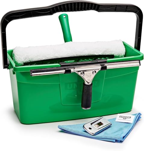 Unger PRO Komplett-Set 5in1 (inkl. Einwascher, Fensterwischer, Mikrofasertuch, Sicherheitsschaber, Eimer 12 l, für professionelle Fensterreinigung/Glasreinigung) AKG16