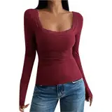 Generisch Oversized Tshirt Damen Eckigem Ausschnitt Sommer Oberteile Longshirt Gerippt Basic Tee Shirts Slim Fit Elegant T-Shirt Stretch Casual Einfarbig Tops