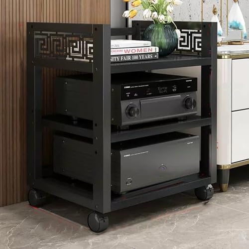 Schwarzer 3-stöckiger Stereo-Schrank – AV-Komponenten-Media-Ständer & rollbarer Audio-Tower, verstellbares Eckregal für CD-Player & HiFi-Geräte, bodenstehendes Audio-Rack