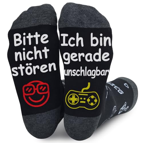 Lustige Socken Gaming Socken Gamer Coole Geschenk Mit Spruch Bitte Nicht Stören Ich Bin Gerade Unschlagbar Lustig Coole Geschenke Für Zocker Männer Herren Frauen Weihnachts Erntedankfest,schwarz grau