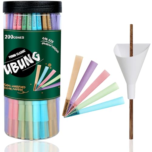 UBUNG Rainbow Cones | 200 King Size Konisch vorgedrehte Hülsen (5 Farben) Einschließlich 1 Trichterlader und 1 Putter für Verpackunge
