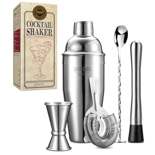 Cocktail Shaker, STNTUS 750ml Cocktail Shaker Edelstahl, 5 Stück Professionell Cocktailshaker Set mit Sieb, Messbecher, Barlöffel, Stössel, Mixer Barkeeper Set