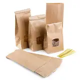 Logbuch-Verlag 10 große Blockbodenbeutel braun mit Fenster + Clips Papiertüten lebensmittelecht Papierbeutel mit Boden 10 x 6,5 x 27,5 cm Verpackung Kaffee Tee