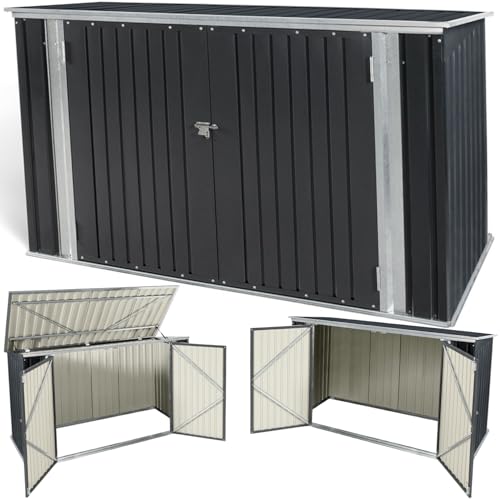 TERRE JARDIN Gartenhaus mit Doppeltür, Aufbewahrungsbox aus grauem verzinktem Stahl, Metallbox für Fahrräder und Werkzeuge, Mülltonnenabdeckung mit Schiebedach, 210 x 130 x 105 cm