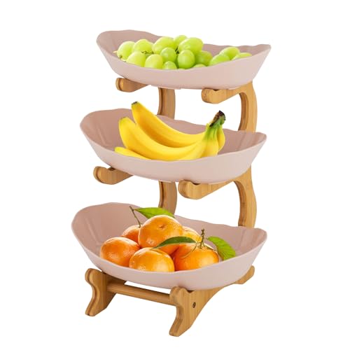 DIFU Obst Etagere 3 Stöckig mit Bambus-Ständer, Kunststoffe Obstschale, Obstkorb & Servierteller für Küche, Gemüse, Snacks & Süßigkeiten – Dekorative Aufbewahrung für Obst & Kuchen (Beige)