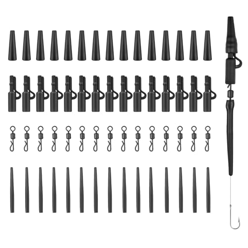 Realure 60 STK Karpfen Zubehör Set Komplett Profi mit Sicherheits Clips Anti Tangle Ärmel Tail Gummi Rohre Schnell Wechselwirbel Clips zum Karpfenangeln Leadclip für Karpfenanfänger (Schwarz)