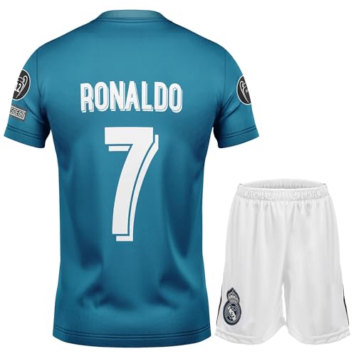 NIHMEX Ronaldo Madrid Nostalgie Blau #7 Final,Limitierte Auflage Trikot Fußball Neu Saison, Shorts Socken Jugendgrößen (Blau,128)