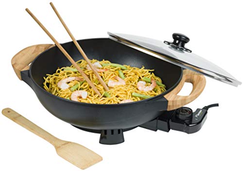 Bestron AEW100AS Elektrischer Wok mit Bambusgriffen, XL-Wokpfanne mit Glasdeckel im Asia Design, Inklusive Bambusspatel, 2 Kochstäbchen & Rezeptbuch, 1.500 W, Schwarz, Metal, 5 liters